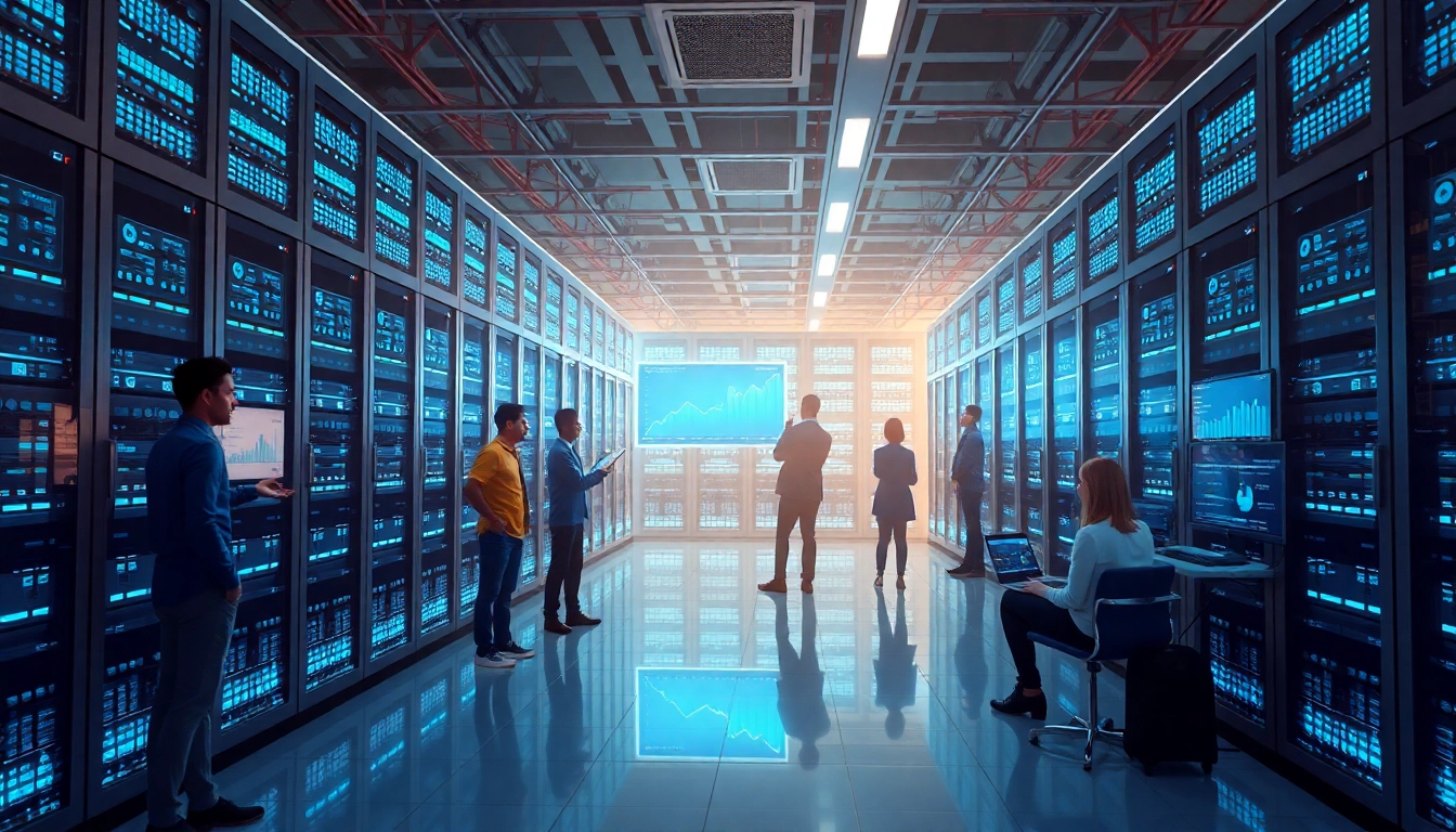 Dogecoin cloud mining scene in a modern data center with diverse individuals analyzing performance metrics.