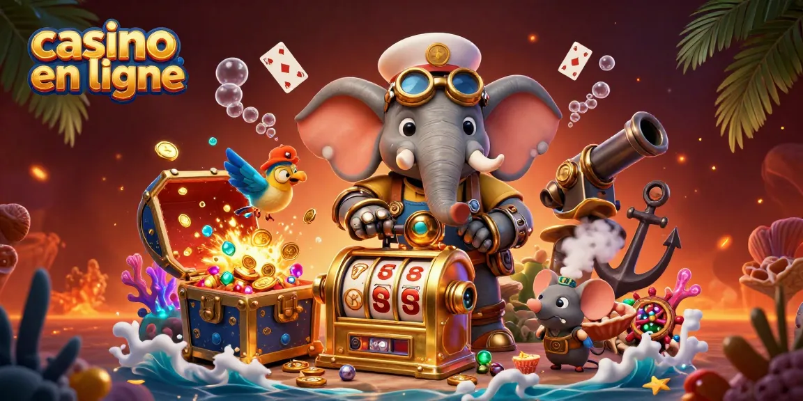 Illustration dynamique de casino en ligne avec un éléphant steampunk et un trésor sous-marin scintillant.