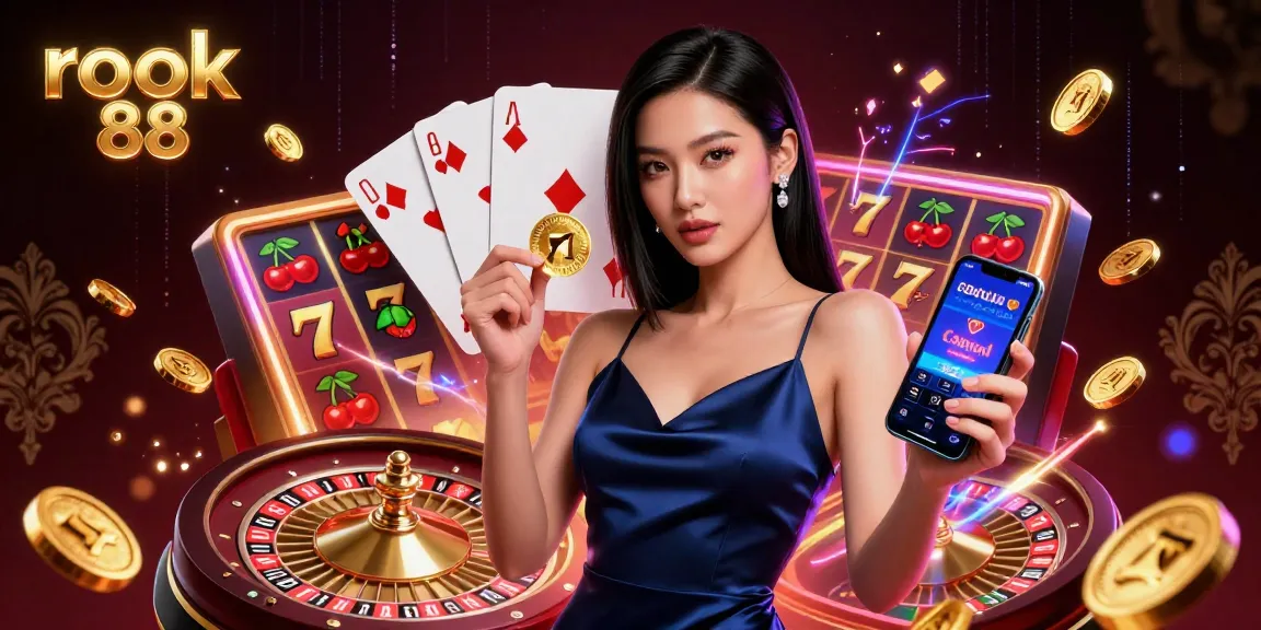 Engage excitingly with rokok 88 in a vibrant casino scene featuring slot machines and dazzling gold coins.