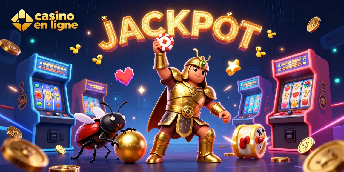 Casino en ligne : une illustration 3D captivante montrant un scarabée héros célébrant un jackpot.