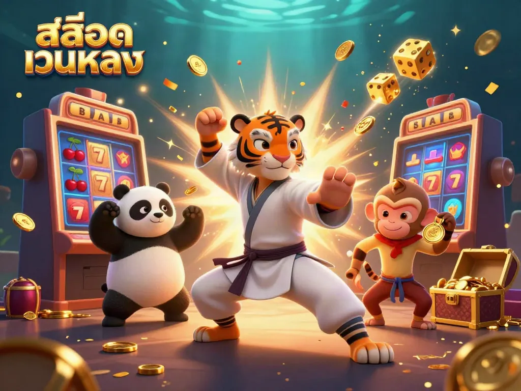 Engaging scene showcasing action in สล็อตเว็บตรง with a kung fu tiger, panda, and monkey amidst casino elements.