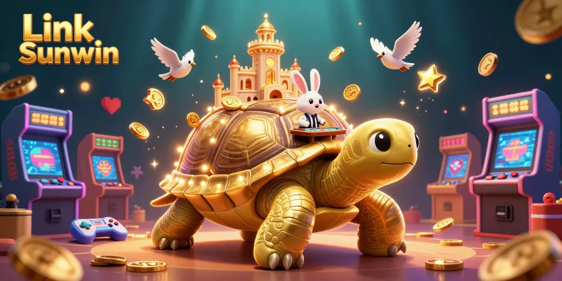 Engage with Link Sunwin's vibrant casino experience featuring a golden tortoise and arcade elements.