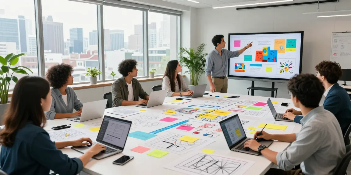 Team collaboration using mixboard ai on digital canvas in modern office