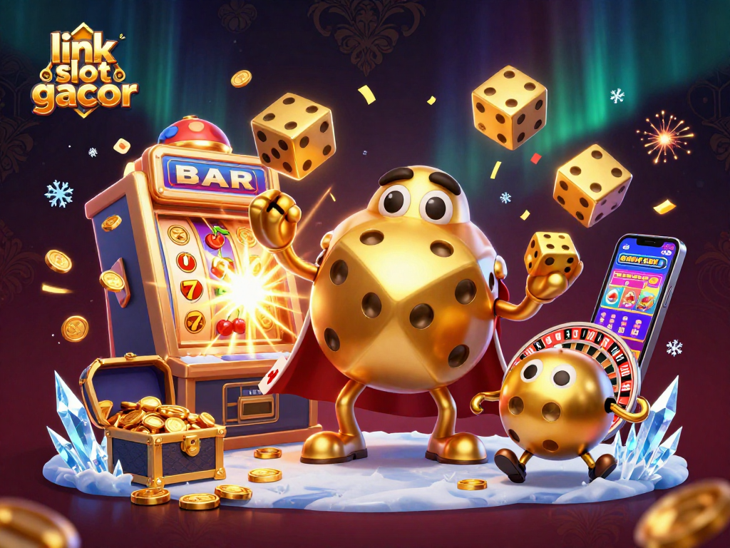 Engage with link slot gacor through a vibrant, dynamic illustration of a golden dice golem juggling dice amidst a jackpot explosion.