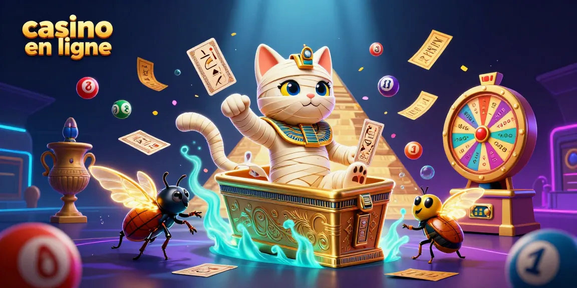 Jouez au casino en ligne avec un chat momifié et des éléments de loterie flottants dans une scène dynamique.