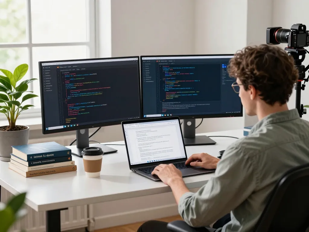 Developer reviewing telegram 下载 interface in a bright tech workspace with dual monitors and coding books.