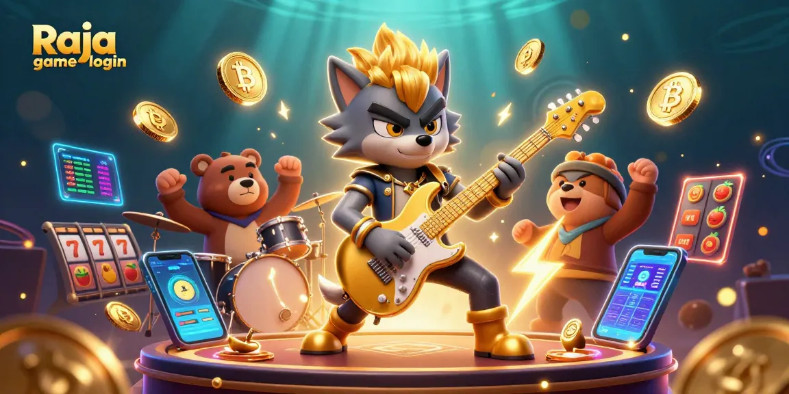 Engage with the Raja game login scene featuring vibrant characters and crypto elements.