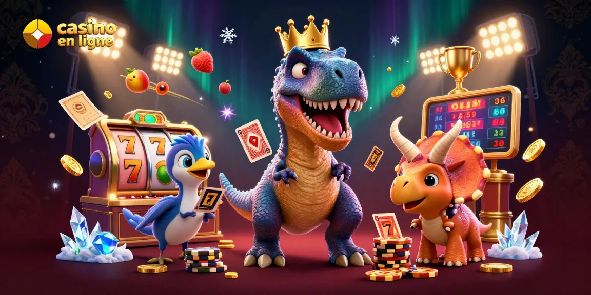 Illustration animée d'un T-Rex jouant au casino en ligne avec un assistant, des jetons dorés et des éléments de jeux.