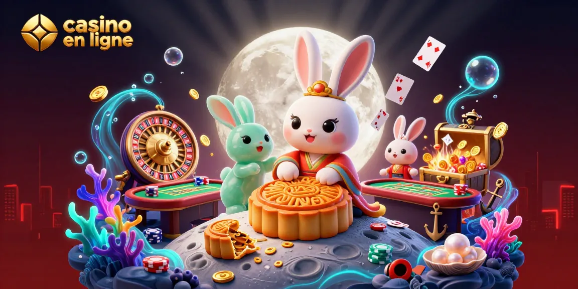 Illustration dynamique de casino en ligne avec un lapin de lune et roulette, animations captivantes de poker.