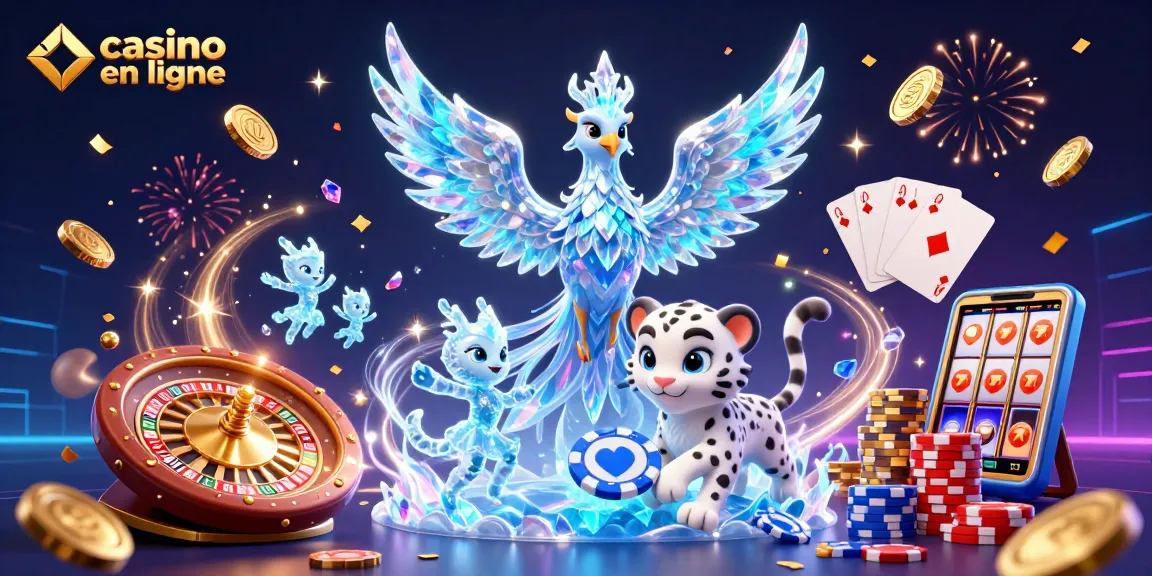 Casino en ligne avec un phénix de glace et un jeune léopard, entouré de jetons et de feux d'artifice.