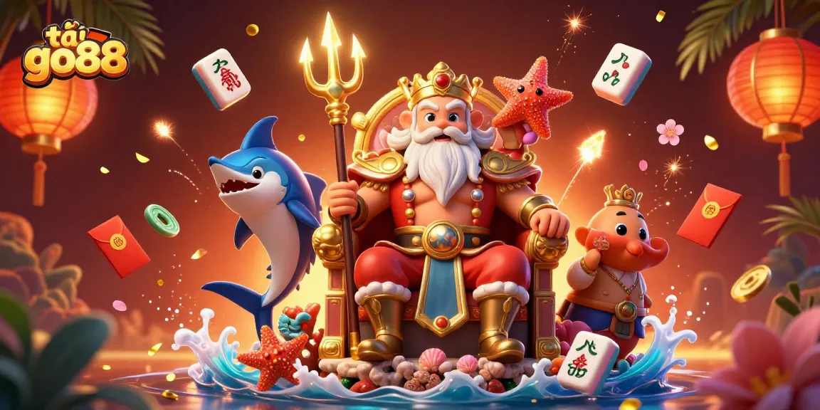 Play thrilling games on tải go88 featuring Neptune and exciting casino elements in a vibrant 3D illustration.