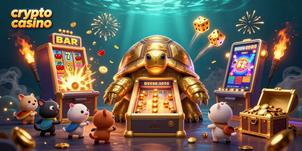 Visualisez un casino crypto enjoué avec une tortue géante en or et un jackpot explosif.