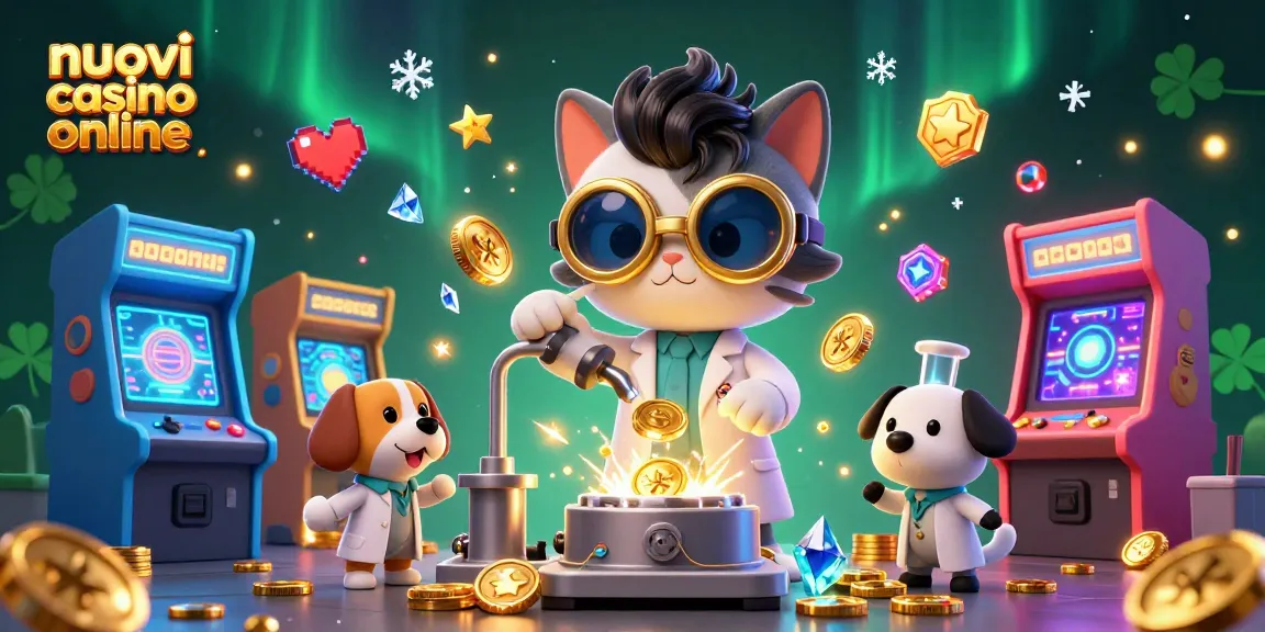 Esplora i nuovi casino online con il gatto scienziato e il cane assistente, tra elementi di gioco.