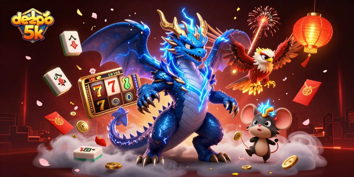 Spin to win with slot depo 5k, featuring a vibrant dragon and dynamic gaming elements.