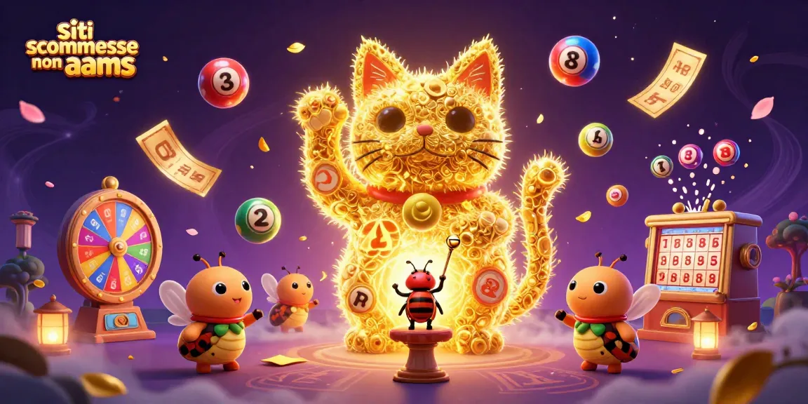 Siti scommesse non aams: illustrazione di un gatto fortunato sotto numerosi elementi di gioco vivaci