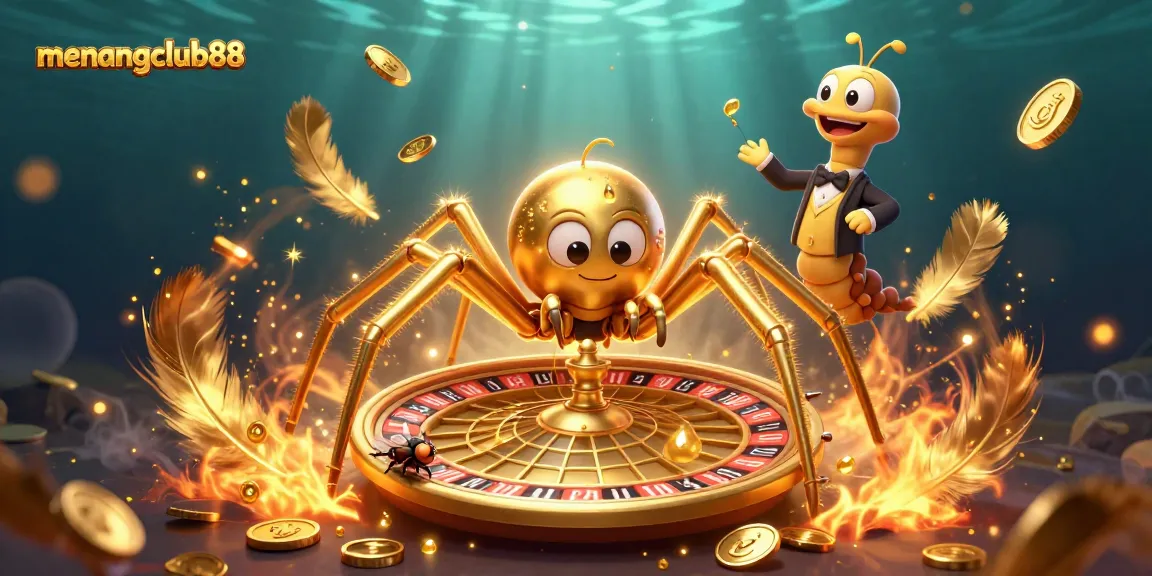 Bet on exciting games with menangclub88 featuring a 3D spider spinning a roulette wheel web.