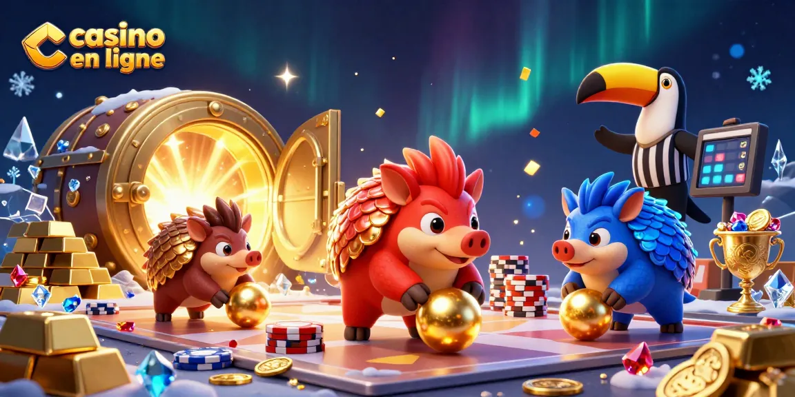 Rivalisez à un casino en ligne avec des pangolins colorés bowling sur des jetons de poker dans une ambiance festive.