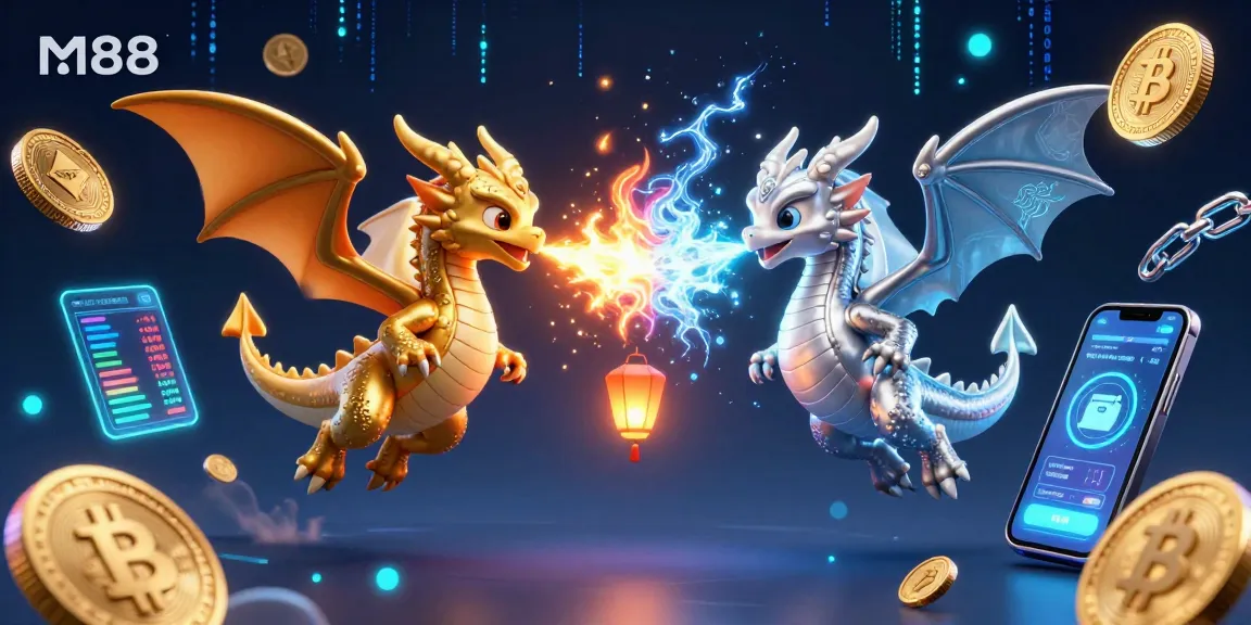 M88 gaming experience illustrated with dragons and crypto elements in a vibrant scene.