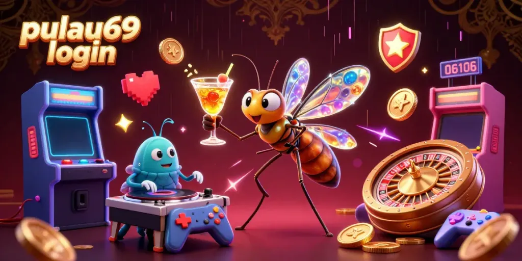 Engage with pulau69 login in a vibrant casino scene with a frozen mosquito mascot and trilobite DJ.