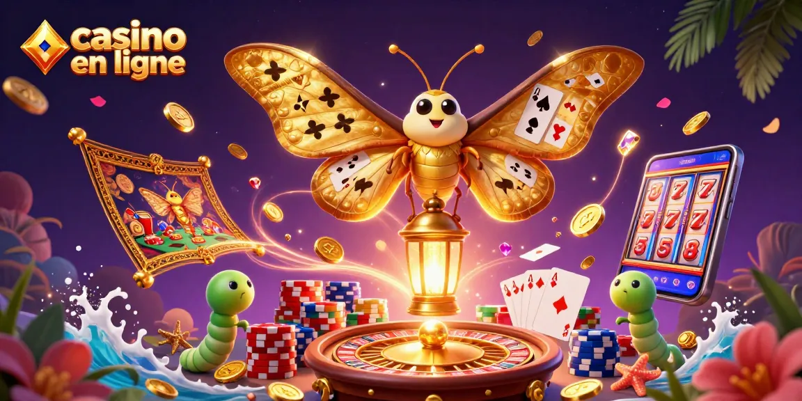 Admirez les scènes de jeux captivantes avec casino en ligne, illuminé par un papillon lumineux et des pièces dorées.