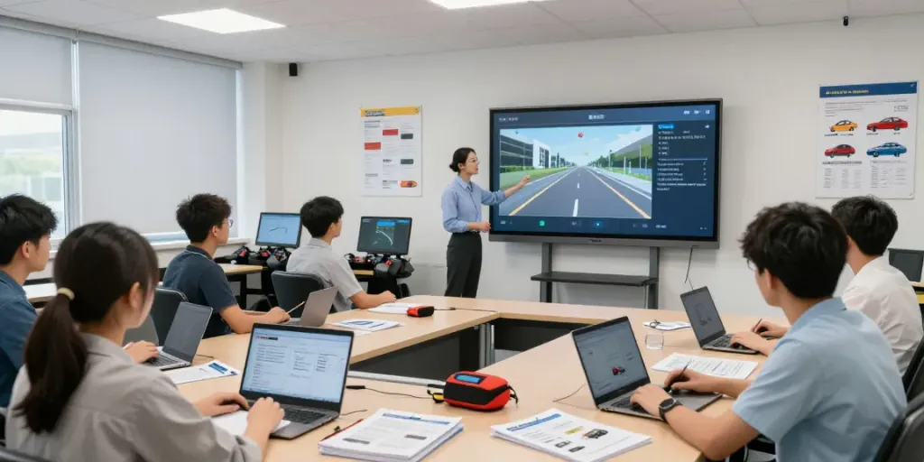 Vedeți cum se desfășoară cursurile la școala auto, cu instructori experimentați și studenți implicați.