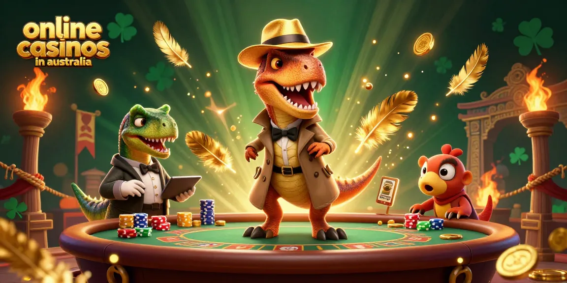 Engage with online casinos in australia as cartoon dinosaurs enjoy blackjack, showcasing fun gaming action.