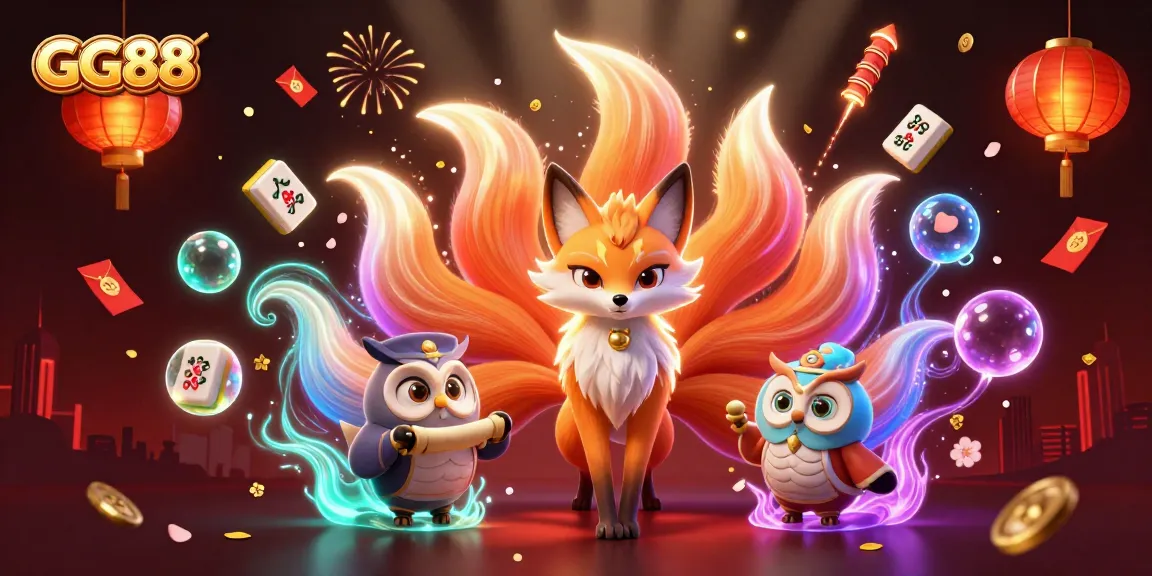 Engage with GG88's vibrant gambling world featuring a mystical fox spirit and wise owl surrounded by colorful casino elements.