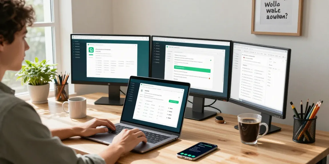 A young professional engaging with WhatsApp電腦版 on a sleek laptop in a bright modern home office.