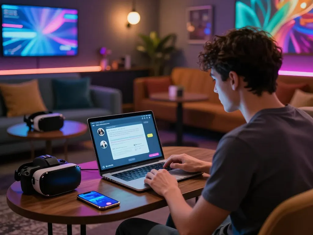 Engaging in nsfw ai chat in a modern digital lounge with ambient lighting.