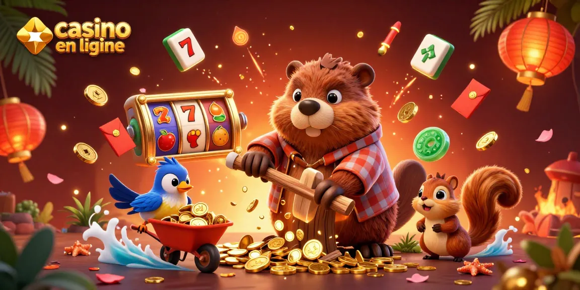 Illustration dynamique d'un casino en ligne avec un castor, un oiseau, et un écureuil. Jouer pour gagner des pièces d'or.