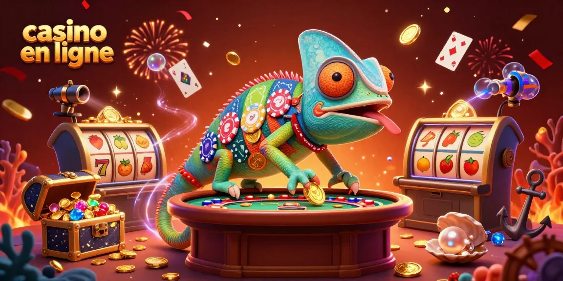 Illustration 3D d'un propriétaire de casino en ligne caméléon attrapant des pièces d'or tout en surveillant une table de roulette.
