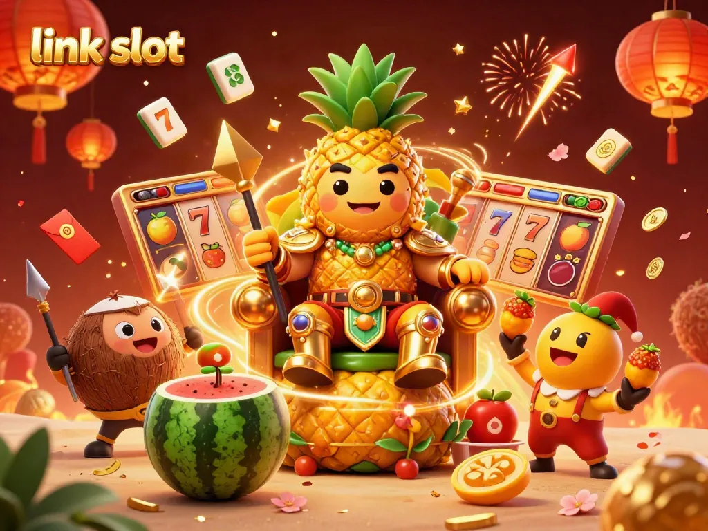 Gambarkan permainan slot terbaik di "link slot" dengan raja nanas emas yang dinamis dan karakter pemberani lainnya.