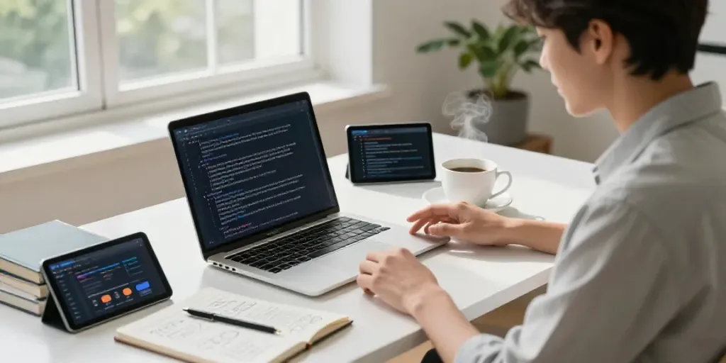 Generate text with AI workspace featuring a professional engaged with text generation tools.