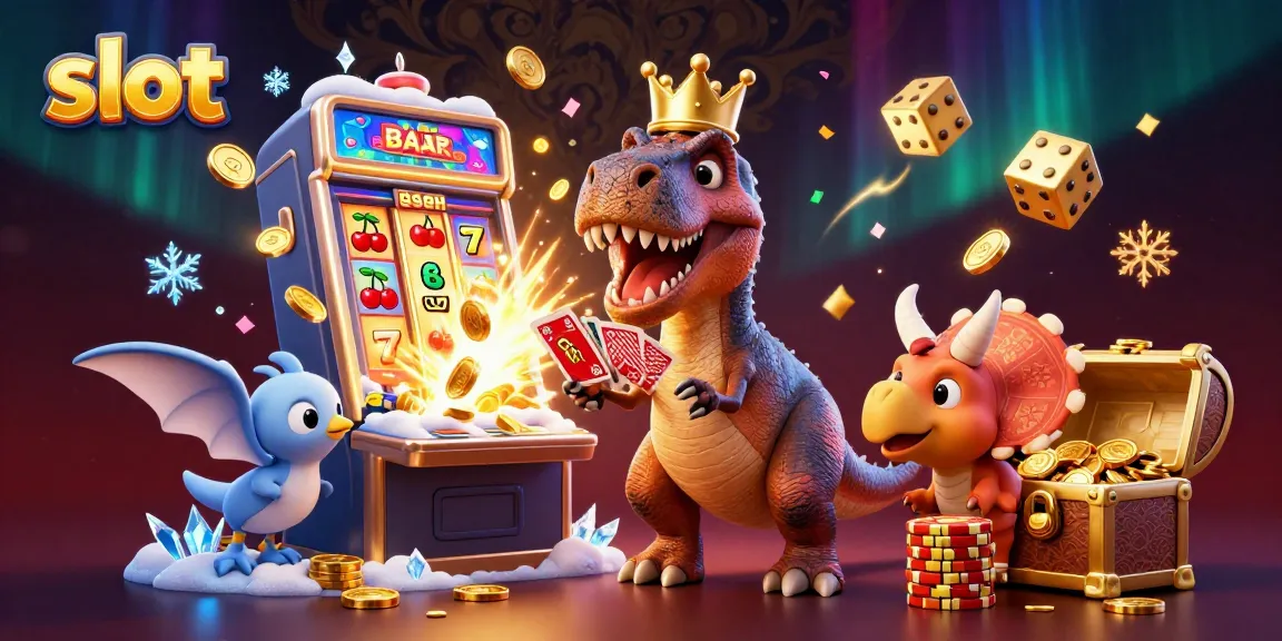 Spin the slot reels for big wins in this vibrant, cartoon-style casino scene.