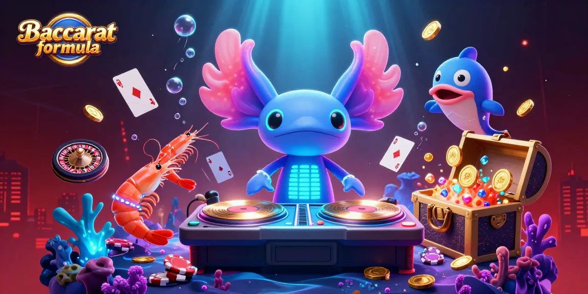 Experience the Baccarat formula with a vibrant 3D scene, featuring lively characters and gaming elements.