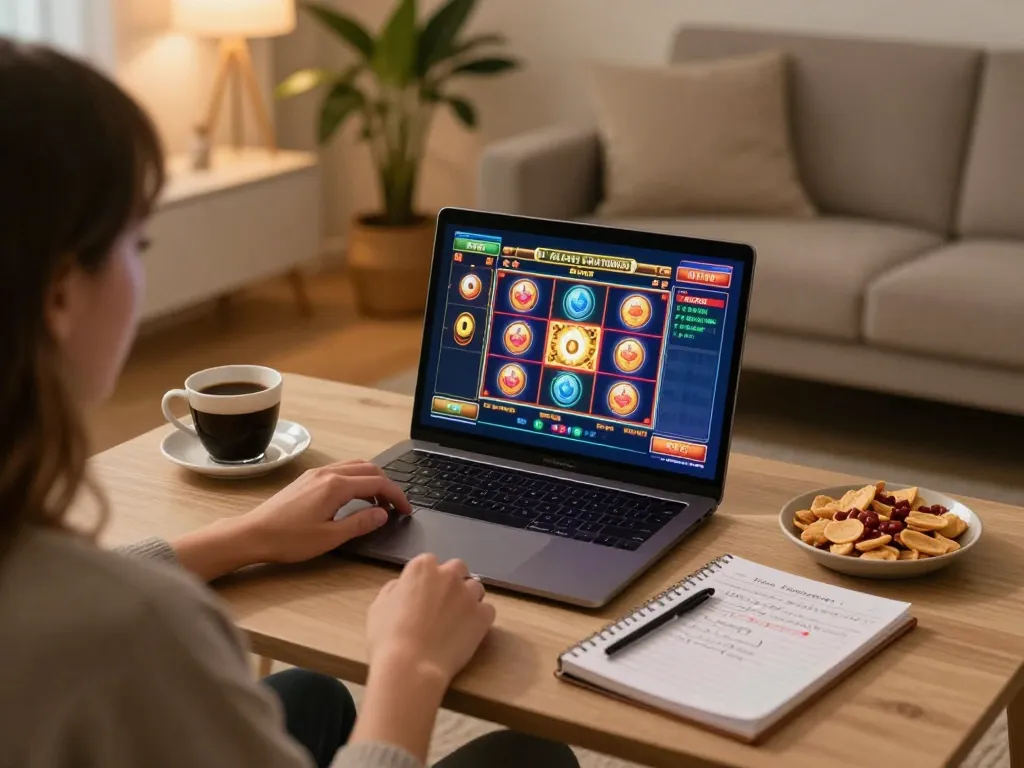 Engaging in online casinos in Canada reddit with a cozy home gaming setup, laptop showcasing slots game action.