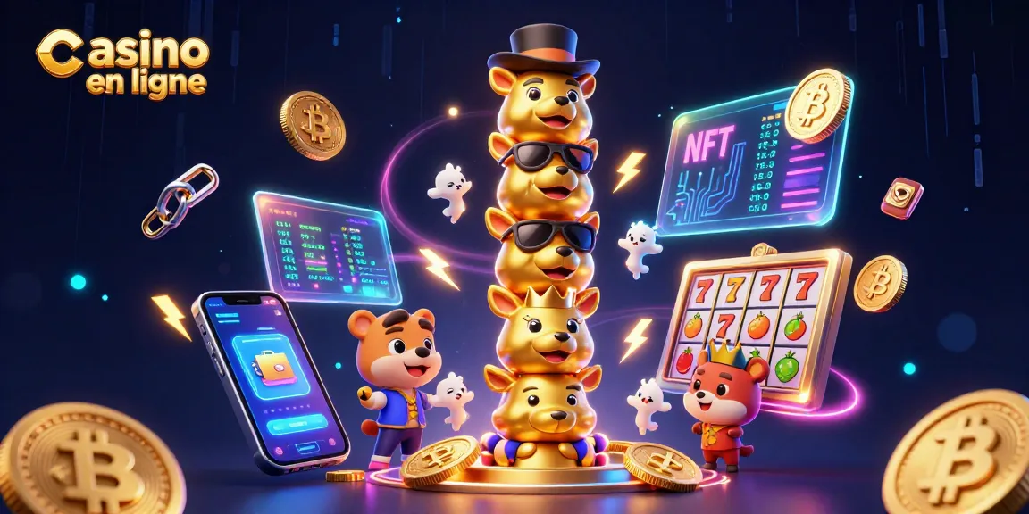 Découvrez un casino en ligne vibrant avec des symboles de jeu, un totem et des cryptomonnaies.