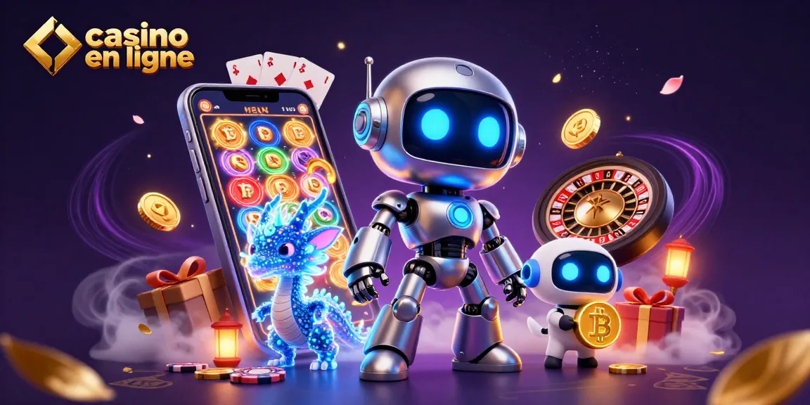 Visualisez un monde de casino en ligne dynamique avec un robot cyberpunk, un dragon holographique et des éléments de jeu.