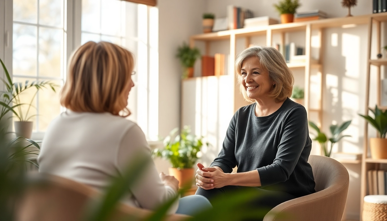 Offering Counselling Services in a welcoming space, a therapist engages warmly with a client.