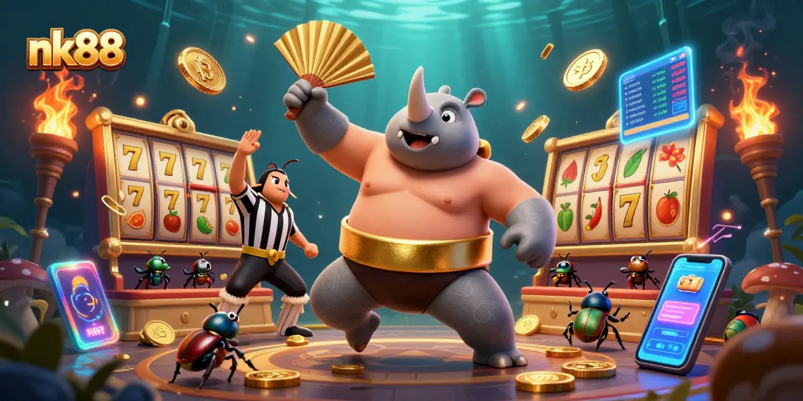 Win big with nk88 at an energetic casino scene featuring beetle champions and crypto coins.