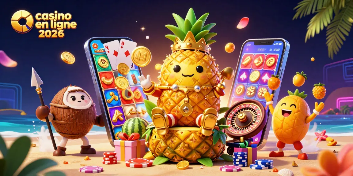 Profitez de l'univers des casinos en ligne 2026 avec un roi tropical et des éléments de jeu colorés.