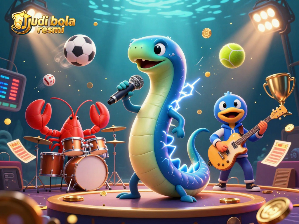 Engage with judi bola resmi action on a vibrant underwater casino scene showcasing electric eel DJ.