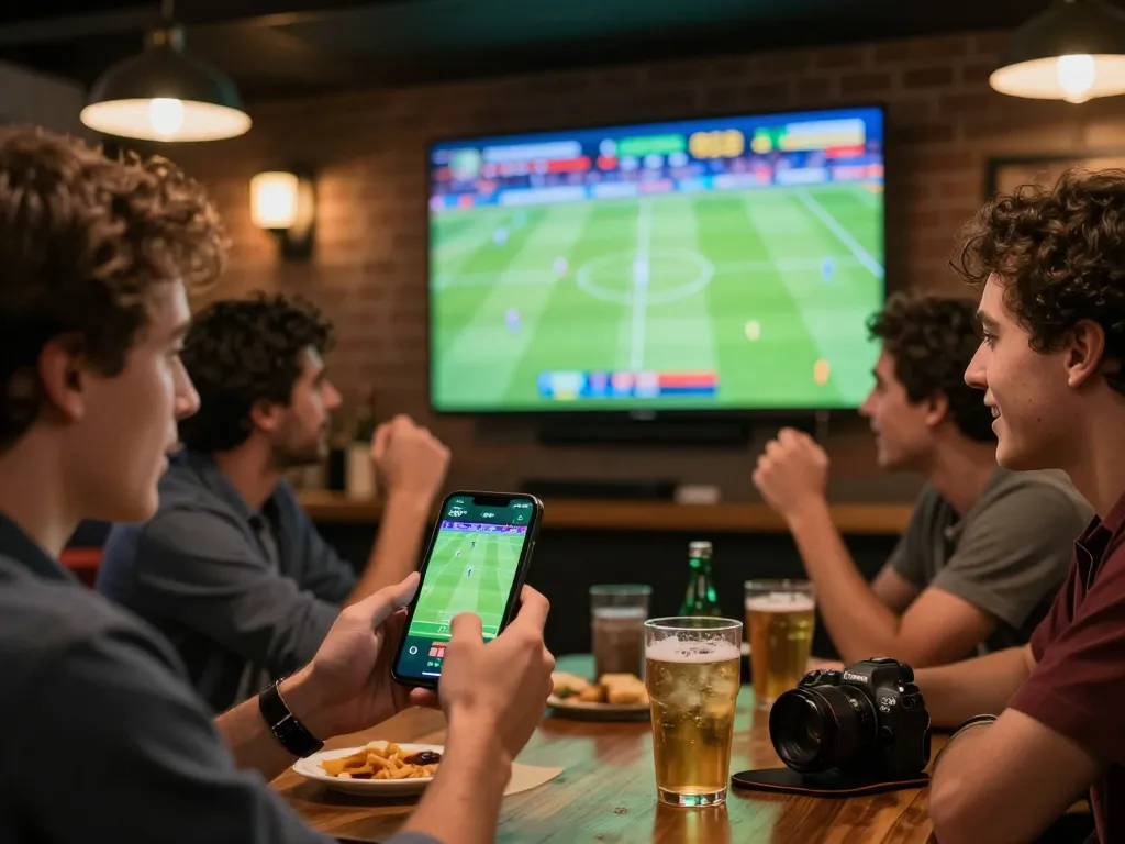 Betting enthusiast using 7m app for live sports betting during an exciting match.