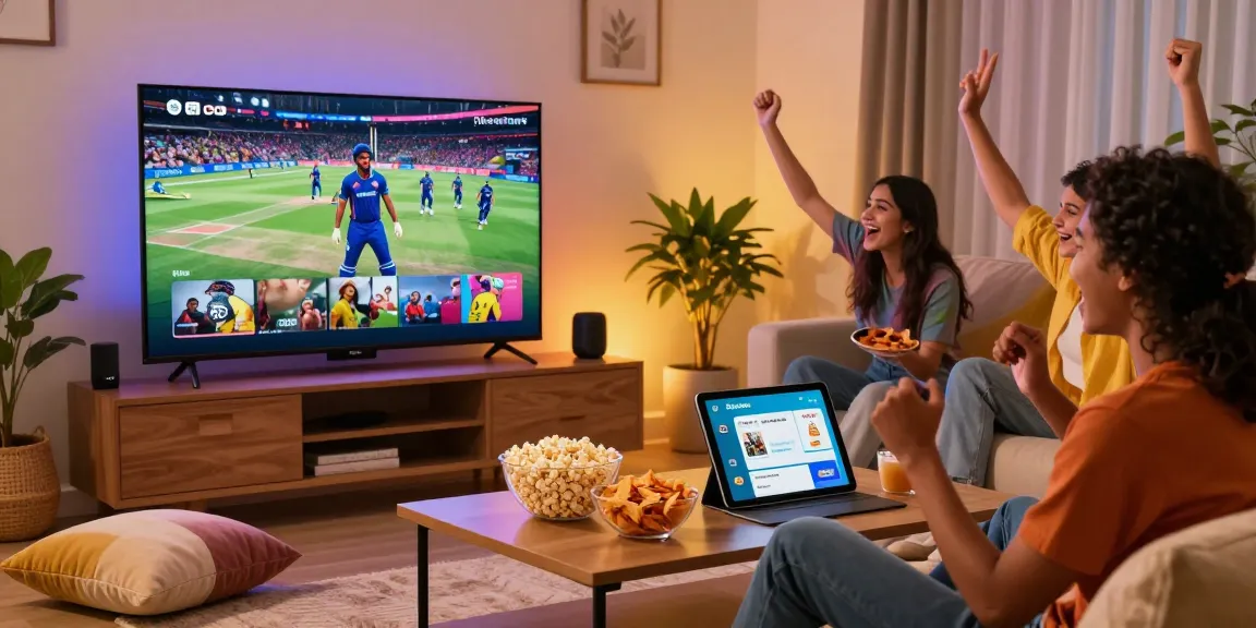 Pikashow app streaming with friends in a cozy living room during movie night.