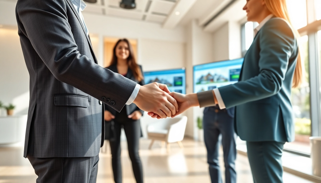 Real Estate agent engaging with clients in a modern office to establish trust.