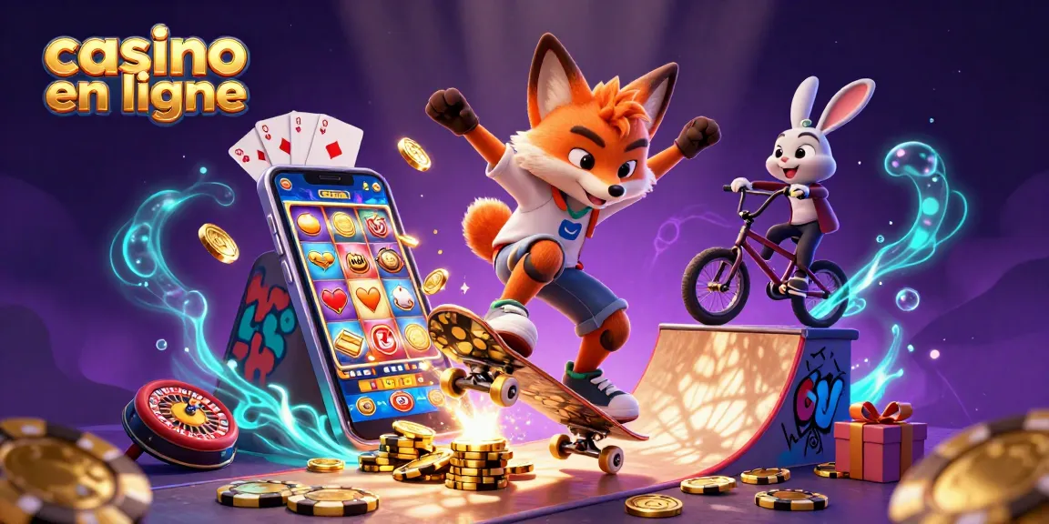 Illustration dynamique de casino en ligne avec un renard skateboardeur et un lapin BMX rencontrant des symboles de jeu.
