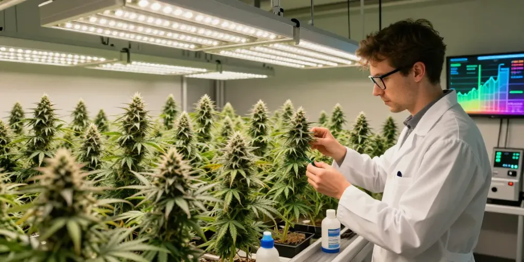 Alienlab indoor cannabis cultivation with lush strains and grow lights