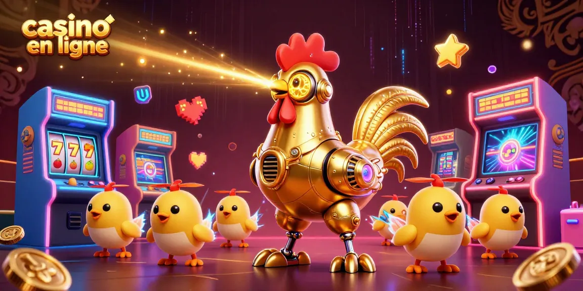 Jouez au casino en ligne avec un robot poulet doré futuriste et des drones mignons dans une scène dynamique.