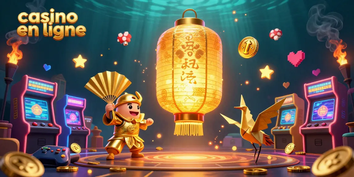 Découvrez le monde du casino en ligne avec cette illustration captivante, mettant en scène un esprit-lampe doré et des guerriers en éventail.