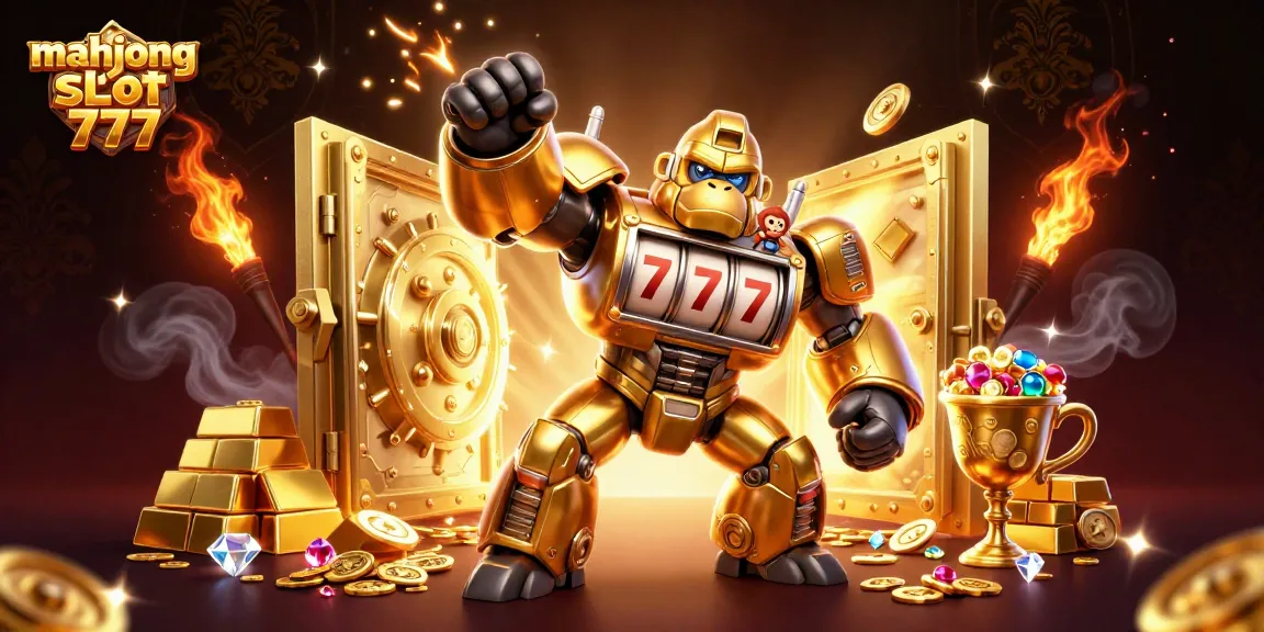Experience the thrilling action of mahjong slot 777 with a dynamic 3D gorilla mech and treasures.